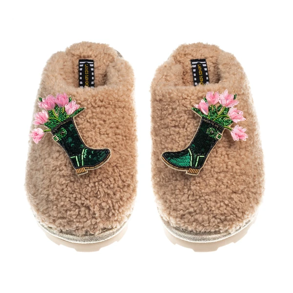 laines london Teddy Closed Toe Slippers With Double Wellington Boots Brooches
