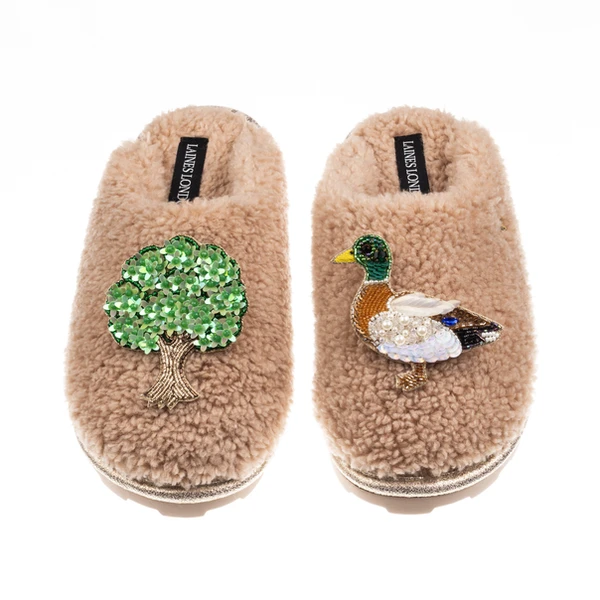 Laines London Teddy Closed Toe Slippers With Duck & Oak Tree Brooches