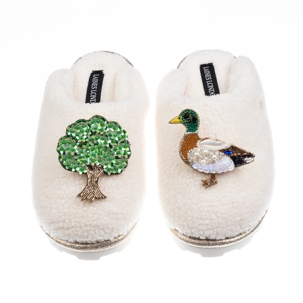Laines London Teddy Closed Toe Slippers With Duck & Oak Tree Brooches