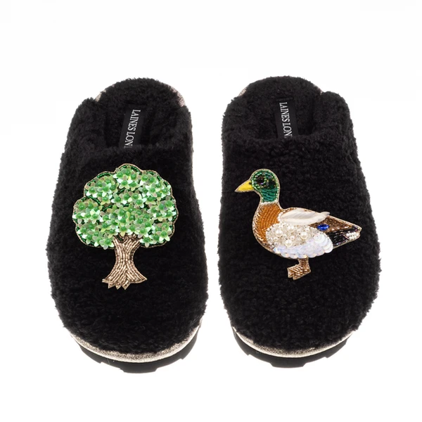 Laines London Teddy Closed Toe Slippers With Duck & Oak Tree Brooches