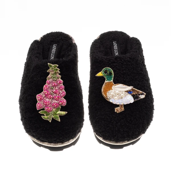 Laines London Teddy Closed Toe Slippers With Duck & Pink Foxglove Brooches