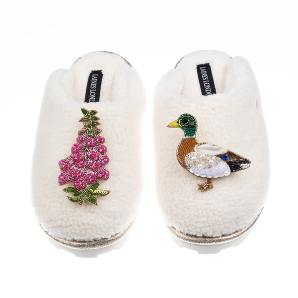Laines London Teddy Closed Toe Slippers With Duck & Pink Foxglove Brooches