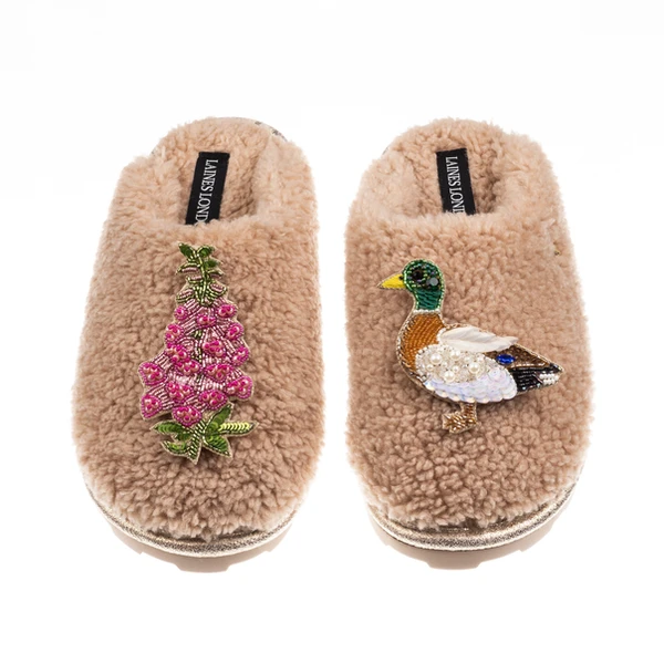 Laines London Teddy Closed Toe Slippers With Duck & Pink Foxglove Brooches