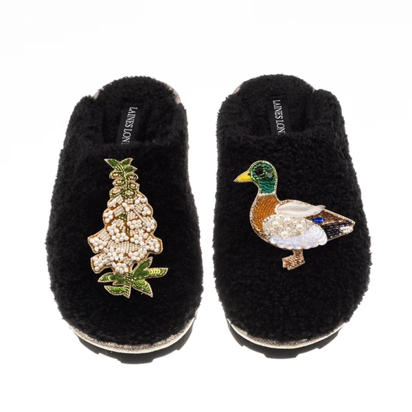 Laines London Teddy Closed Toe Slippers With Duck & White Foxglove Brooches