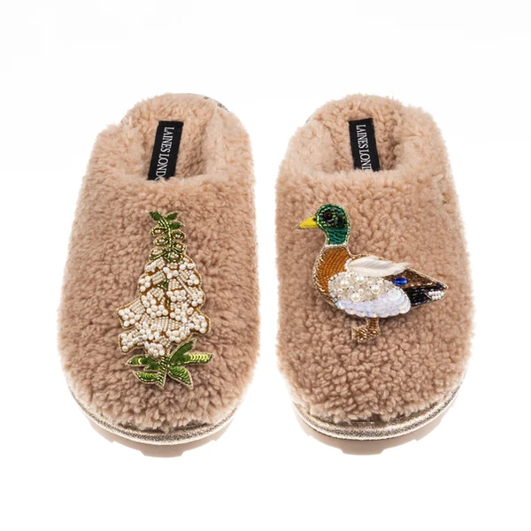 Laines London Teddy Closed Toe Slippers With Duck & White Foxglove Brooches