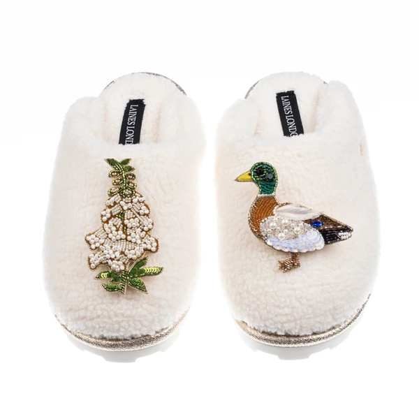 laines london Teddy Closed Toe Slippers With Duck & White Foxglove Brooches