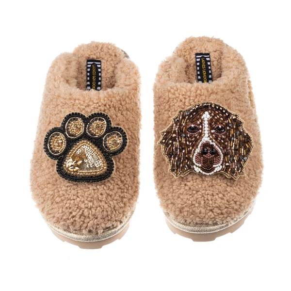 Laines London Teddy Closed Toe Slippers With Duke & Paw Brooches