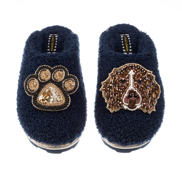 Laines London Teddy Closed Toe Slippers With Duke & Paw Brooches
