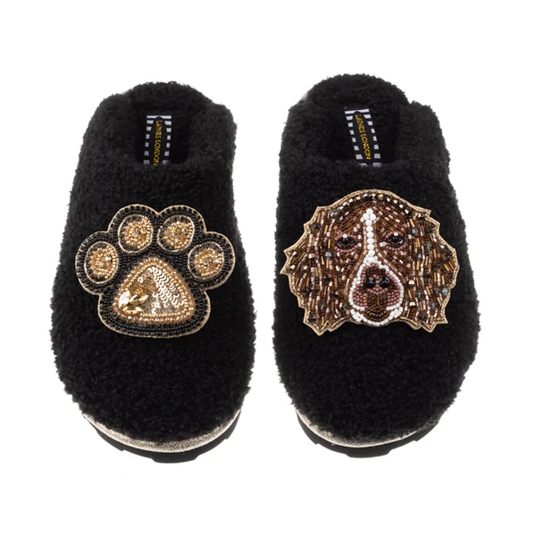Laines London Teddy Closed Toe Slippers With Duke & Paw Brooches