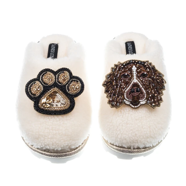 laines london Teddy Closed Toe Slippers With Duke & Paw Brooches