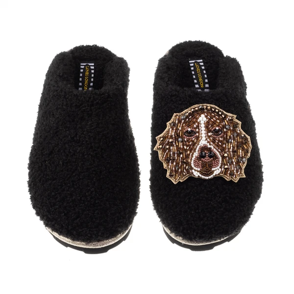 Laines London Teddy Closed Toe Slippers With Duke The Brown & White Spaniel Brooch