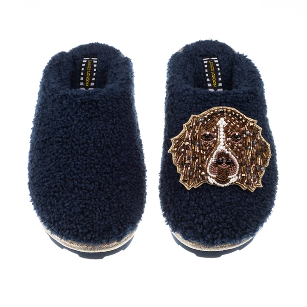 laines london Teddy Closed Toe Slippers With Duke The Brown & White Spaniel Brooch