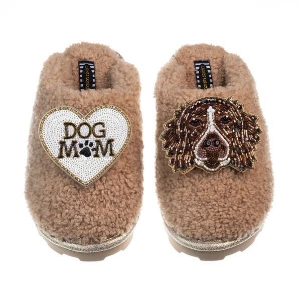 Laines London Teddy Closed Toe Slippers With Duke The Spaniel & Dog Mum / Mom Brooches
