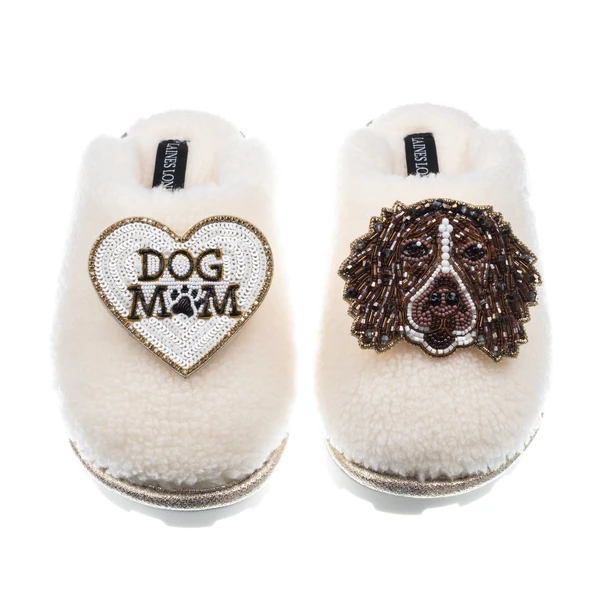 Laines London Teddy Closed Toe Slippers With Duke The Spaniel & Dog Mum / Mom Brooches