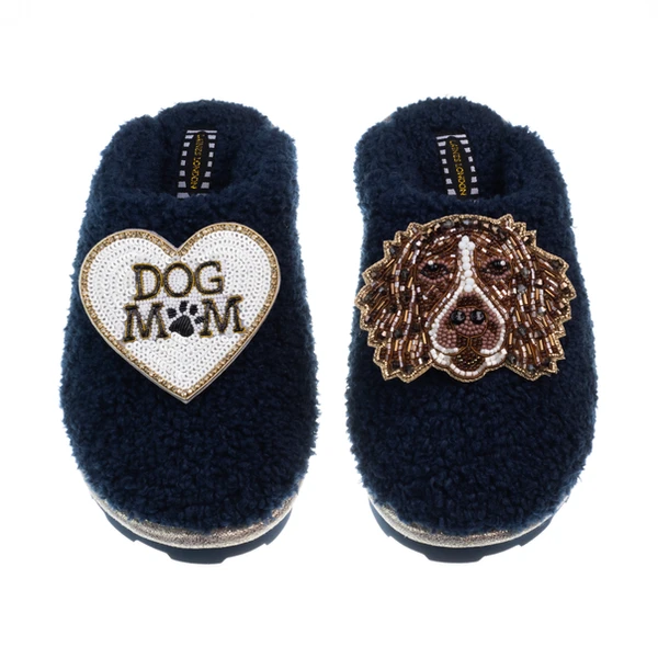 laines london Teddy Closed Toe Slippers With Duke The Spaniel & Dog Mum / Mom Brooches
