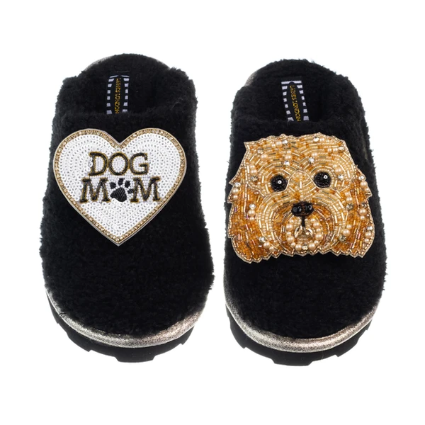 Laines London Teddy Closed Toe Slippers With Enki Doo & Dog Mum / Mom Brooches
