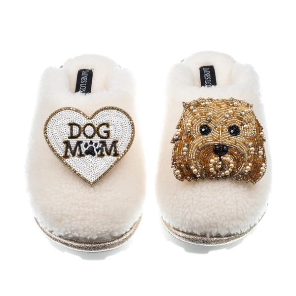 Laines London Teddy Closed Toe Slippers With Enki Doo & Dog Mum / Mom Brooches
