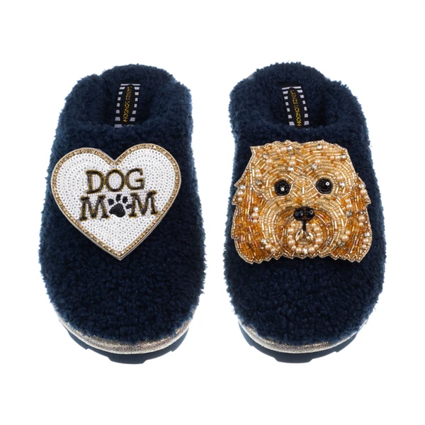 laines london Teddy Closed Toe Slippers With Enki Doo & Dog Mum / Mom Brooches