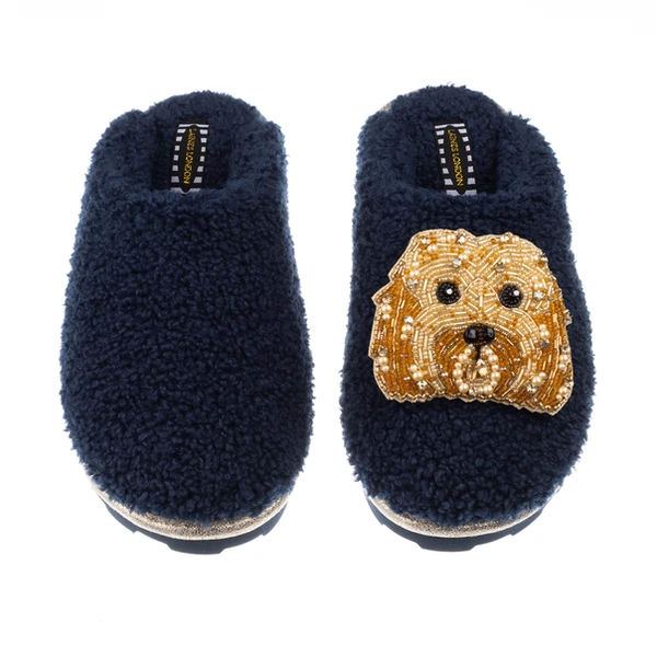 Laines London Teddy Closed Toe Slippers With Enki Doo The Cockapoo Brooch