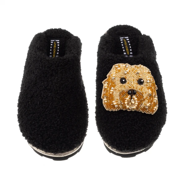 Laines London Teddy Closed Toe Slippers With Enki Doo The Cockapoo Brooch