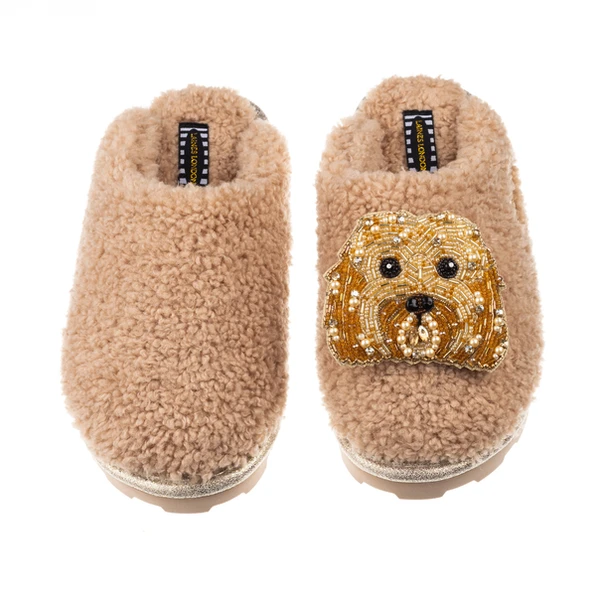 Laines London Teddy Closed Toe Slippers With Enki Doo The Cockapoo Brooch