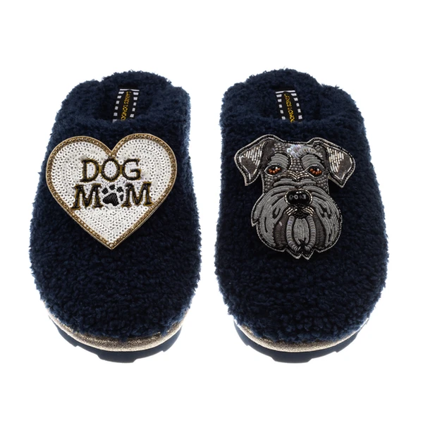Laines London Teddy Closed Toe Slippers With Ernie The Schnauzer & Dog Mum / Mom Brooches