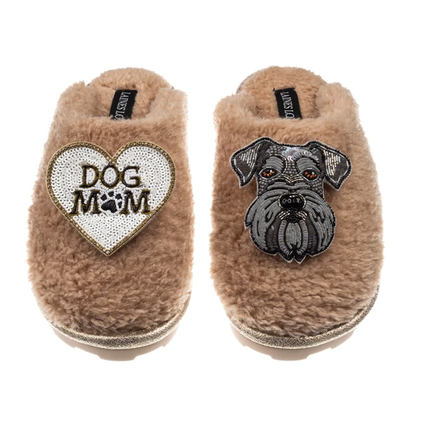 Laines London Teddy Closed Toe Slippers With Ernie The Schnauzer & Dog Mum / Mom Brooches