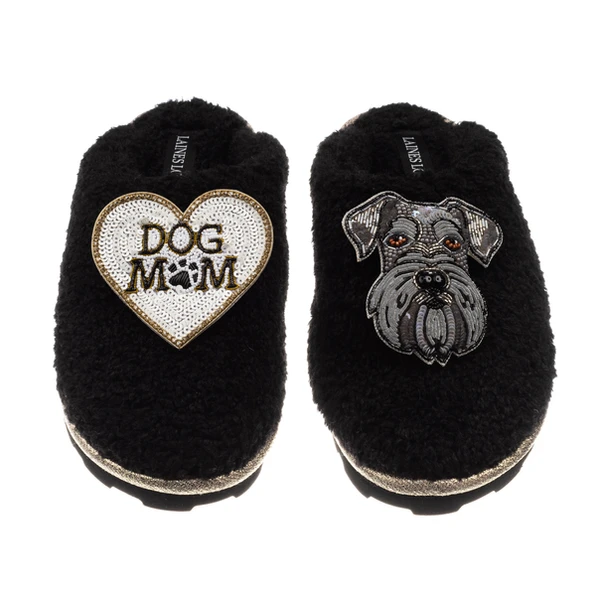 Laines London Teddy Closed Toe Slippers With Ernie The Schnauzer & Dog Mum / Mom Brooches