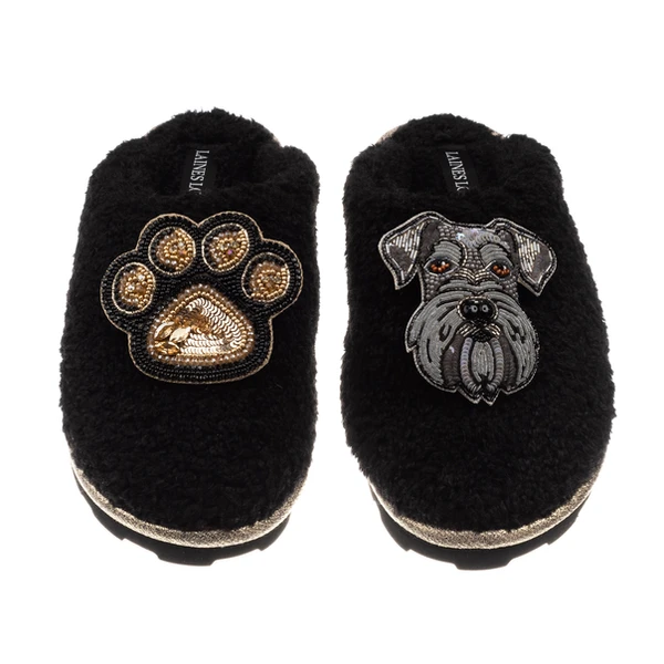Laines London Teddy Closed Toe Slippers With Ernie The Schnauzer & Paw Brooches