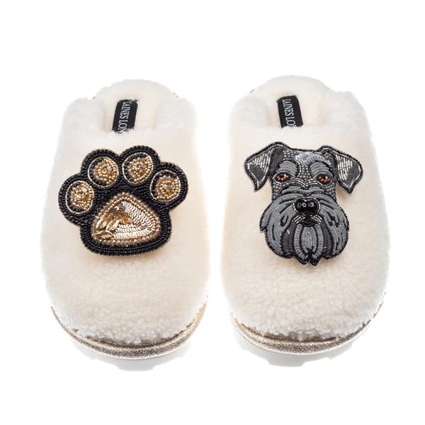 Laines London Teddy Closed Toe Slippers With Ernie The Schnauzer & Paw Brooches