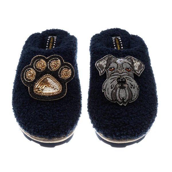 Laines London Teddy Closed Toe Slippers With Ernie The Schnauzer & Paw Brooches
