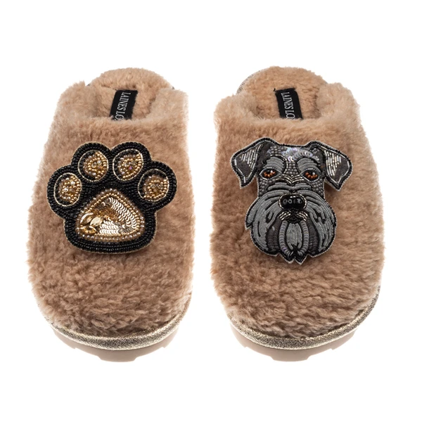 laines london Teddy Closed Toe Slippers With Ernie The Schnauzer & Paw Brooches