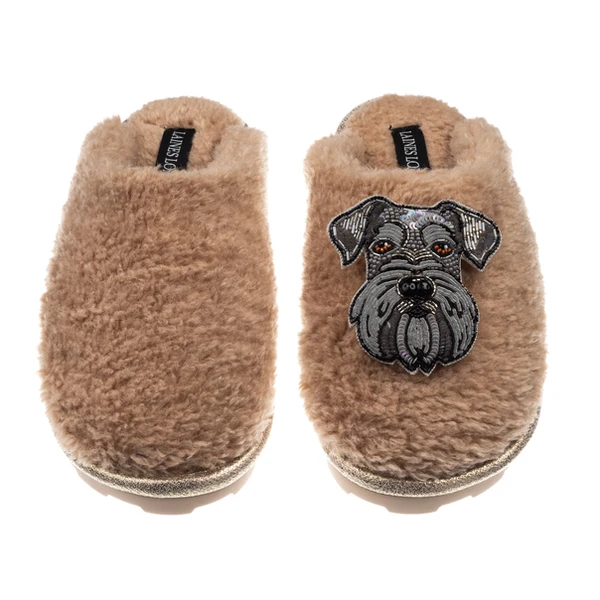 Laines London Teddy Closed Toe Slippers With Ernie The Schnauzer Brooch