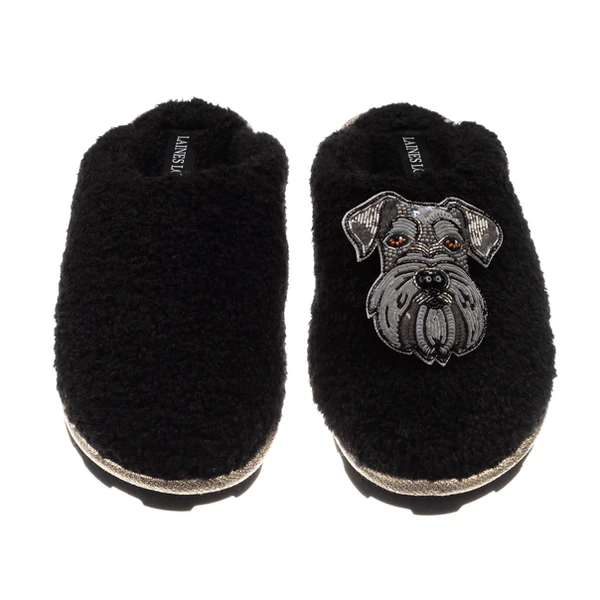 Laines London Teddy Closed Toe Slippers With Ernie The Schnauzer Brooch