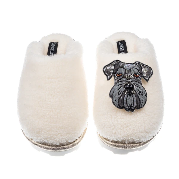 Laines London Teddy Closed Toe Slippers With Ernie The Schnauzer Brooch