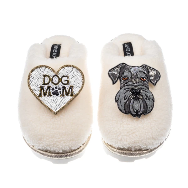 laines london Teddy Closed Toe Slippers With Ernie The Schnauzer & Dog Mum / Mom Brooches