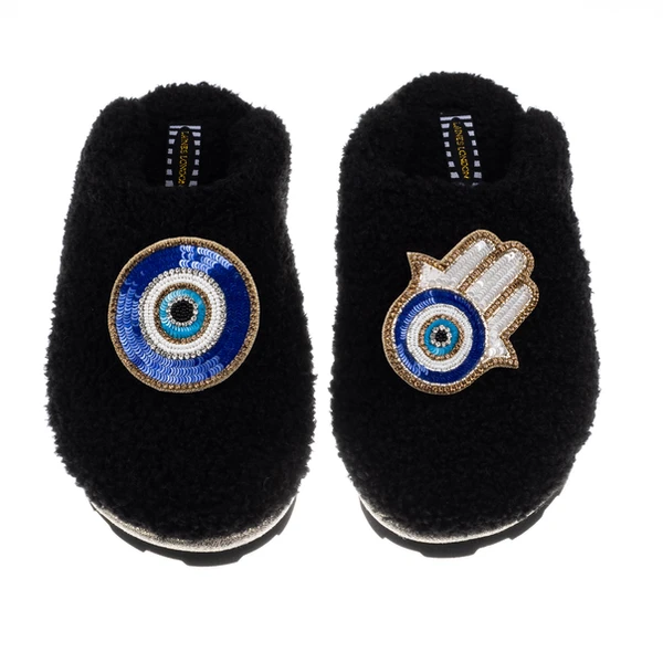 Laines London Teddy Closed Toe Slippers With Evil Eye & Hamsa Brooches