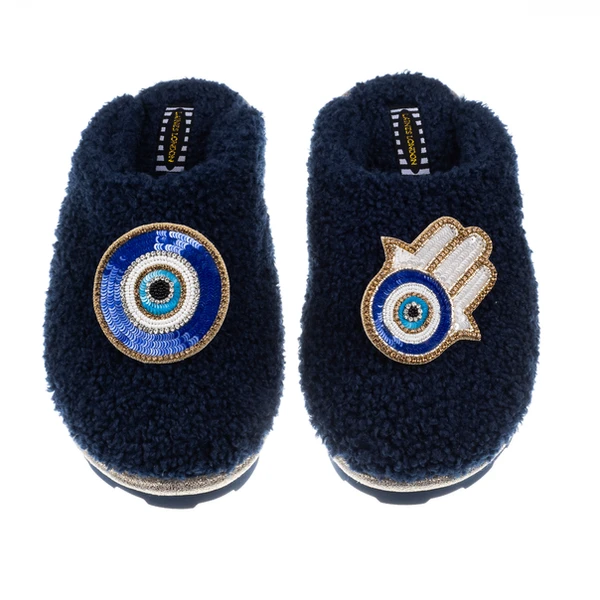 Laines London Teddy Closed Toe Slippers With Evil Eye & Hamsa Brooches