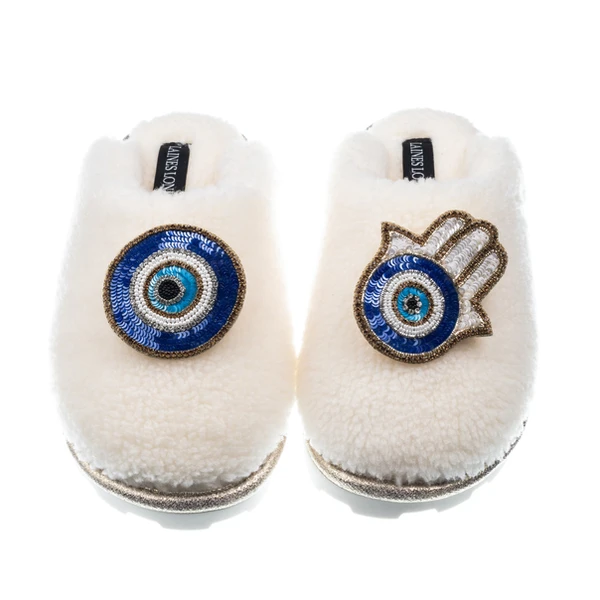 Laines London Teddy Closed Toe Slippers With Evil Eye & Hamsa Brooches