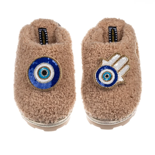 laines london Teddy Closed Toe Slippers With Evil Eye & Hamsa Brooches