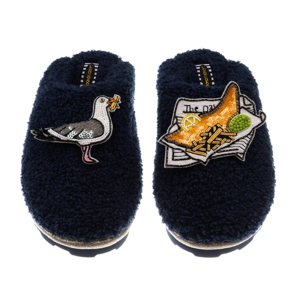 Laines London Teddy Closed Toe Slippers With Fish & Chips & Cheeky Seagull Brooches