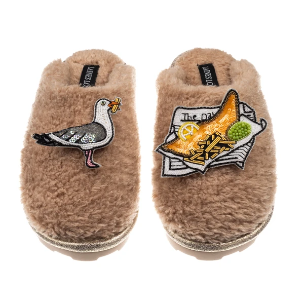 Laines London Teddy Closed Toe Slippers With Fish & Chips & Cheeky Seagull Brooches