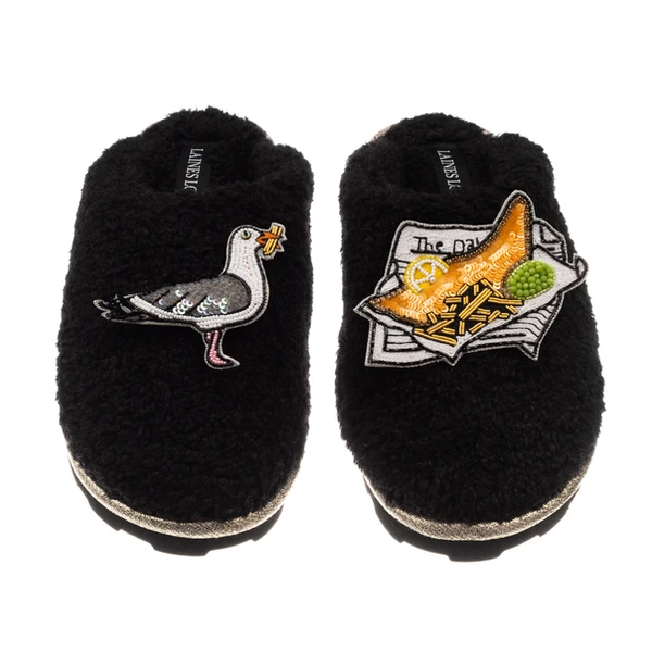 Laines London Teddy Closed Toe Slippers With Fish & Chips & Cheeky Seagull Brooches