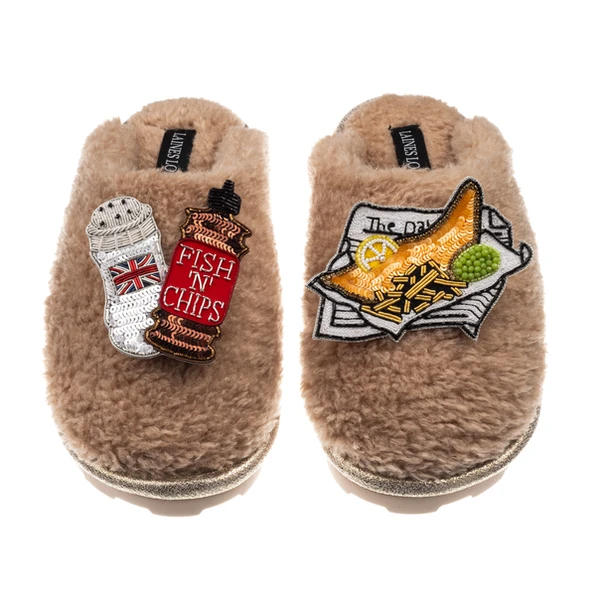 Laines London Teddy Closed Toe Slippers With Fish Chips & Salt & Vinegar Brooches