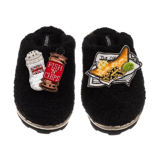 Laines London Teddy Closed Toe Slippers With Fish Chips & Salt & Vinegar Brooches