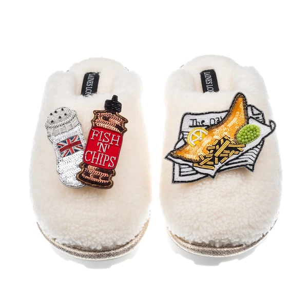 Laines London Teddy Closed Toe Slippers With Fish Chips & Salt & Vinegar Brooches