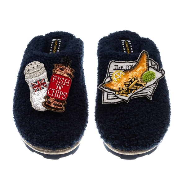 laines london Teddy Closed Toe Slippers With Fish Chips & Salt & Vinegar Brooches