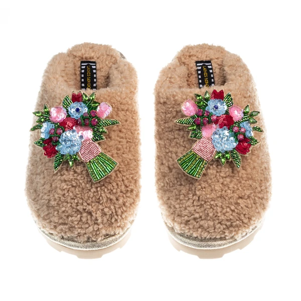 Laines London Teddy Closed Toe Slippers With Flower Bouquet Brooches