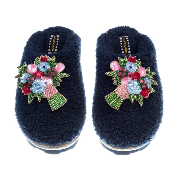 Laines London Teddy Closed Toe Slippers With Flower Bouquet Brooches