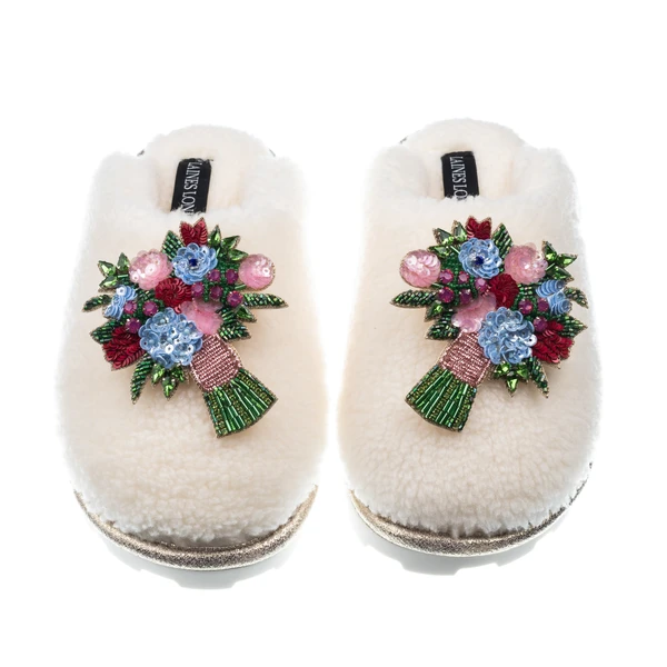 Laines London Teddy Closed Toe Slippers With Flower Bouquet Brooches